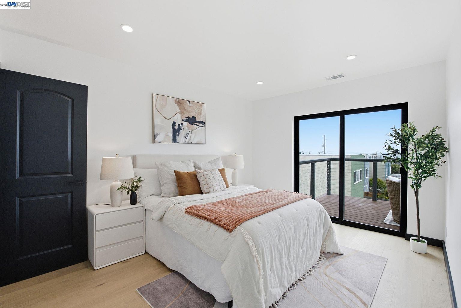 Staged bedroom, modern rebuild in San Francisco