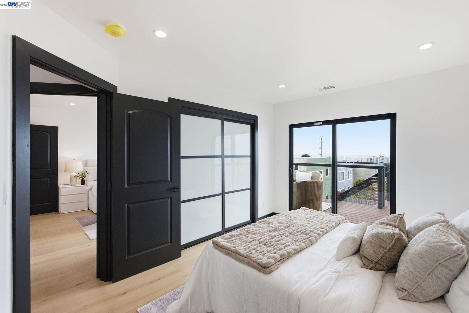 Staged bedroom, modern rebuild in San Francisco
