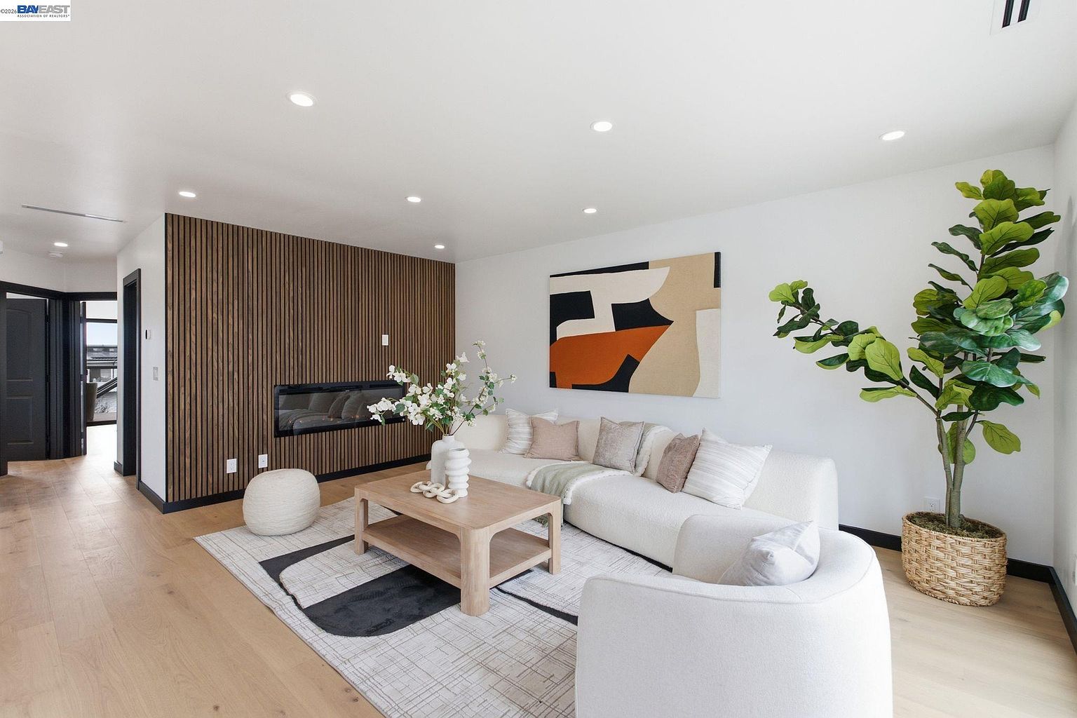 Living room with fireplace, modern rebuild in San Francisco