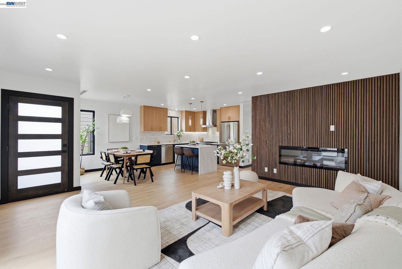 Staged open-concept living room, modern rebuild in San Francisco