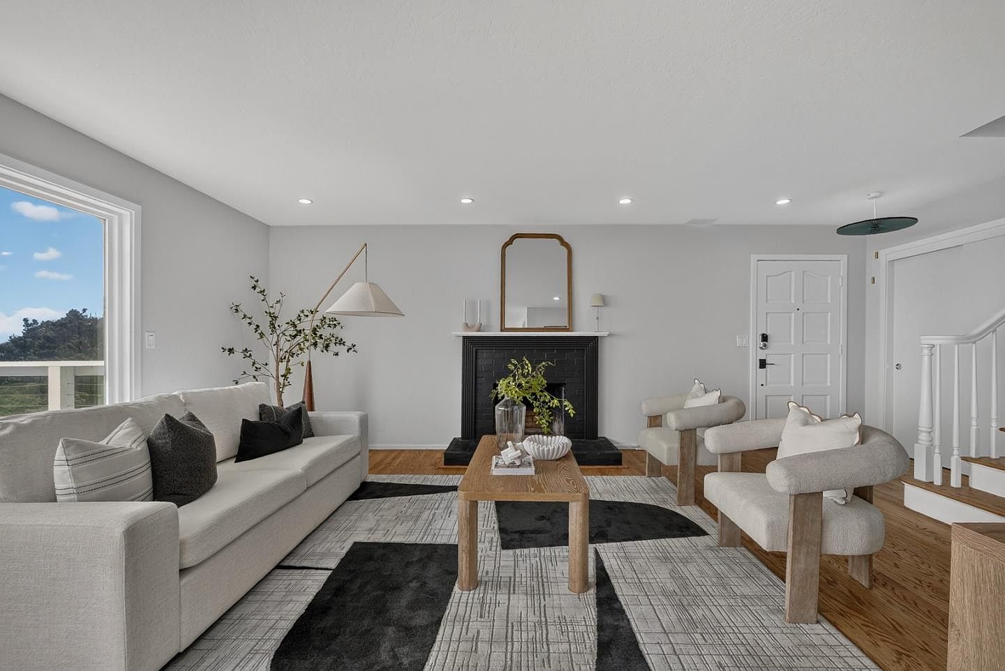 Living room with fireplace, coastal modern in Daly City