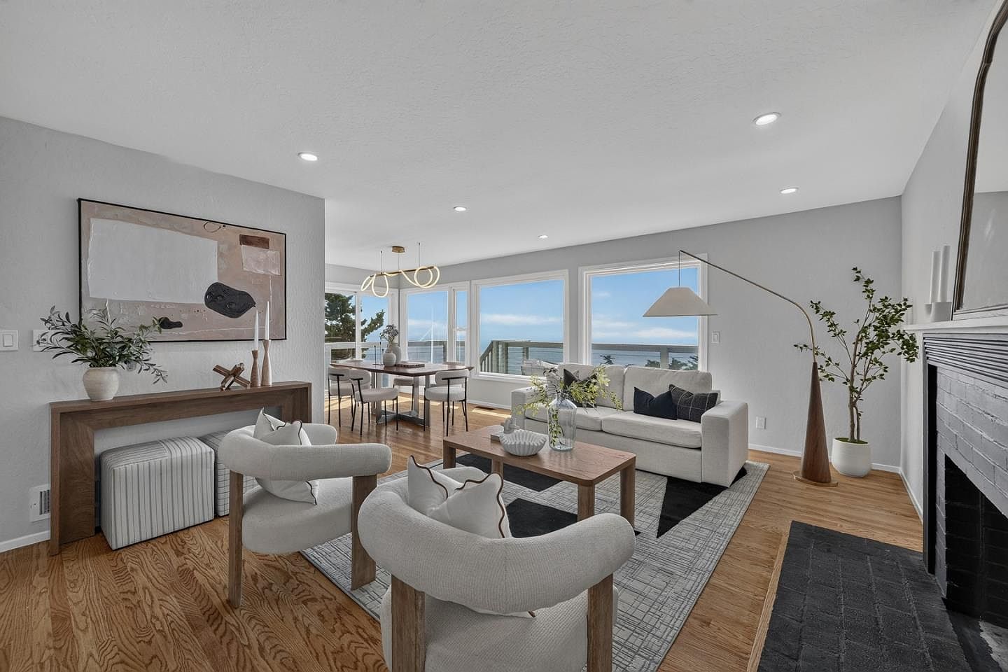 Staged living room with ocean view, coastal modern in Daly City