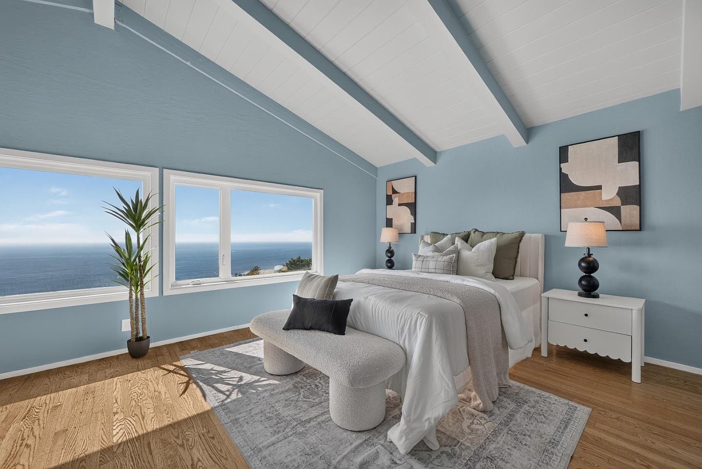 Primary bedroom with ocean-facing windows, coastal modern in Daly City